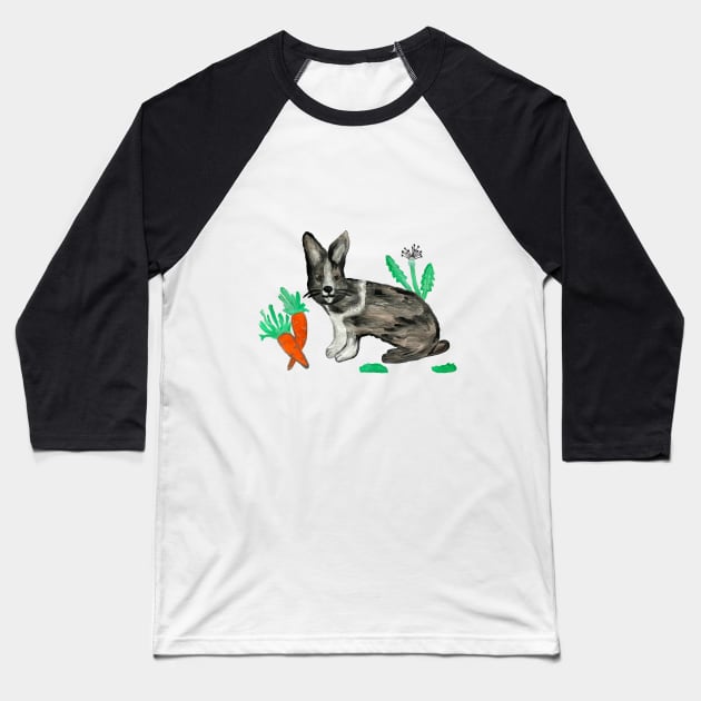 Rabbit with Carrots and Dandelions Painting Baseball T-Shirt by Anke Wonder 